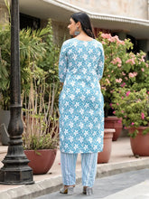 Blue Floral Printed Cotton Kurta, Pant And Dupatta Set With Thread & Mirror Work-J4849BLUE_OF